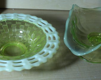 Frosted Vaseline Glass Bowl and Scoop Set, Basket Weave Edge