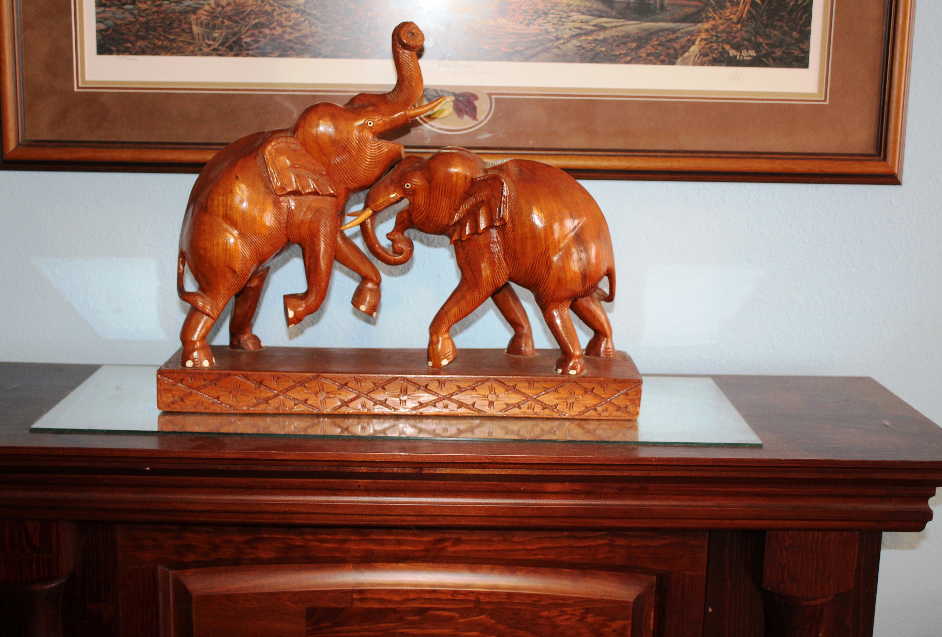Sale30percent...vintage Hand Carved Wood Fighting Elephants Sculpture ...