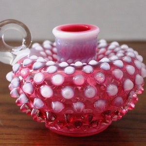 20Percent Off   Fenton Cranberry Opalescent Hobnail Handle Candlestick Holder
