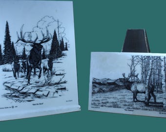 Etched Montana Marble Art Set: Elk Herd & The Challenge