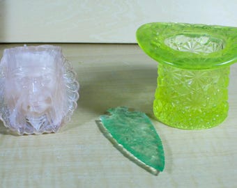 Vaseline Arrowhead, Vaseline Top Hat, and Pink Slag Glass Toothpick Holder
