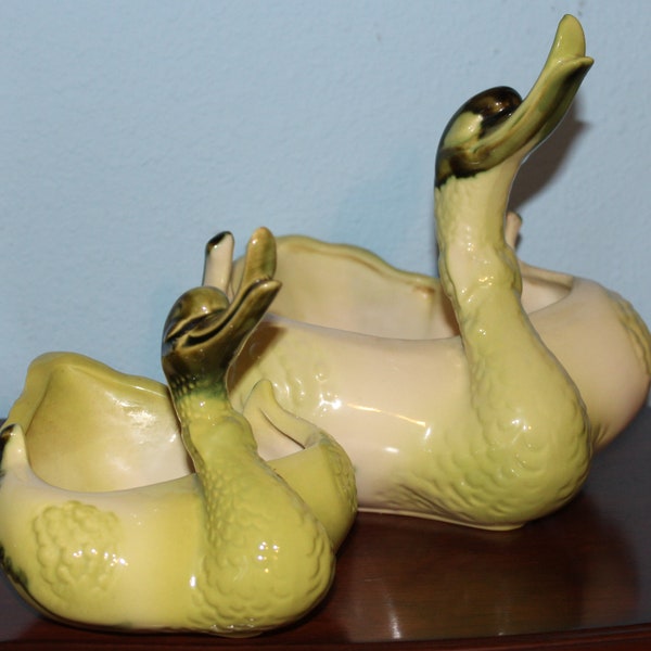 Vintage Hull Large and Small Green Imperial Swans, Hull Imperial Swan Pottery