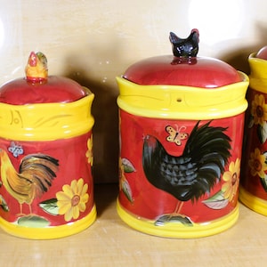 25Percent Off  Set of Four Rooster/Chicken Motif Kitchen Canisters designed by Susan Winget