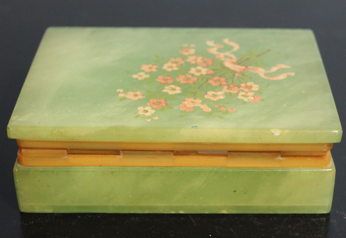 Green Marble Trinket Box with Brass Hinge and Delicate Flowers Etsy