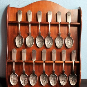 20Percent Off   Vintage 13 Original State Pewter Spoon with Wood Display Rack, Collectible Pewter State Spoons