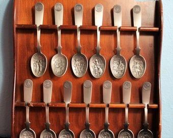 MOMSDAY SALE 20% OFF     Vintage 13 Original State Pewter Spoon with Wood Display Rack, Collectible Pewter State Spoons