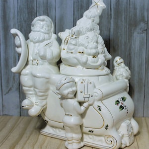 20Percent Off   Home For The Holidays Santa With Elves on Sleigh Cookie Jar, Santa Cookie Jar, Holiday Cookie Jar