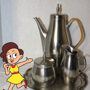20Percent Off   Complete Coffee or Tea International Pewter Serving Set, Mid Century Pewter Coffee Pot, Creamer, Sugar Bowl on Tray