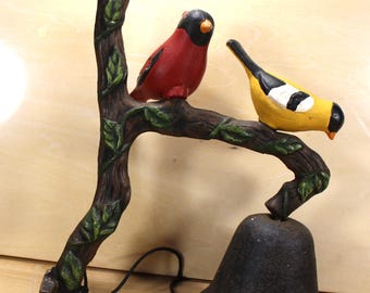 Campana de cena vintage de hierro fundido con forma de dos pájaros para colgar en la pared o en el poste