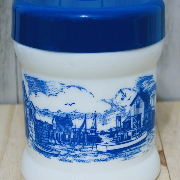 White Milk Glass and Acrylic Nautical Themed Coin Bank, White Milk Glass Delft Blue Design Kitchen Storage
