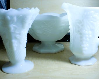 Westmoreland Milk Glass Trio, Vase, Pitcher, Pedestal Bowl with Grape Design