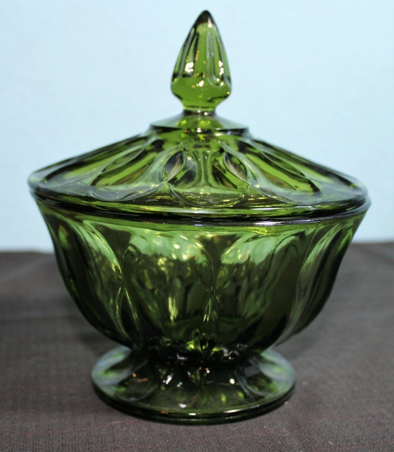 Green Pedestal Lidded Dish Fenton Fenton Green Candy Dish Etsy