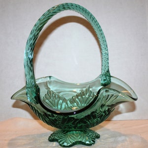 20Percent Off   Large Fenton Teal Basket with Pedestal and Leaf Design