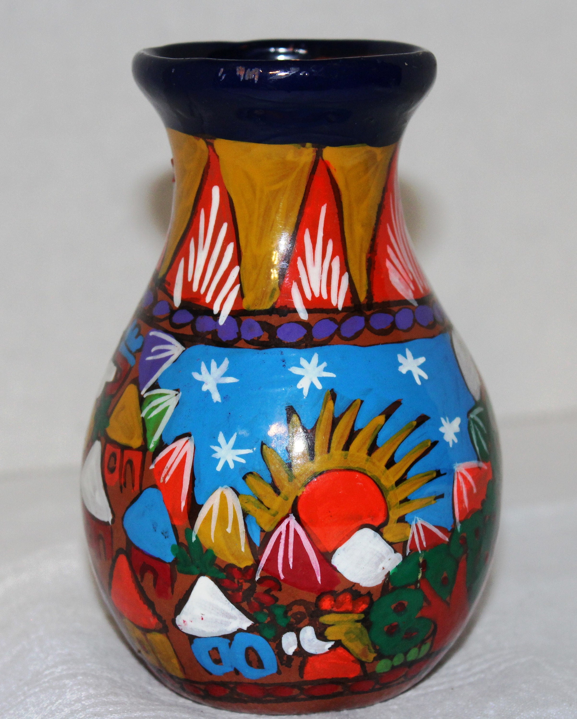 Southwestern Pottery Planter, Bright Village Sun Design, Signed