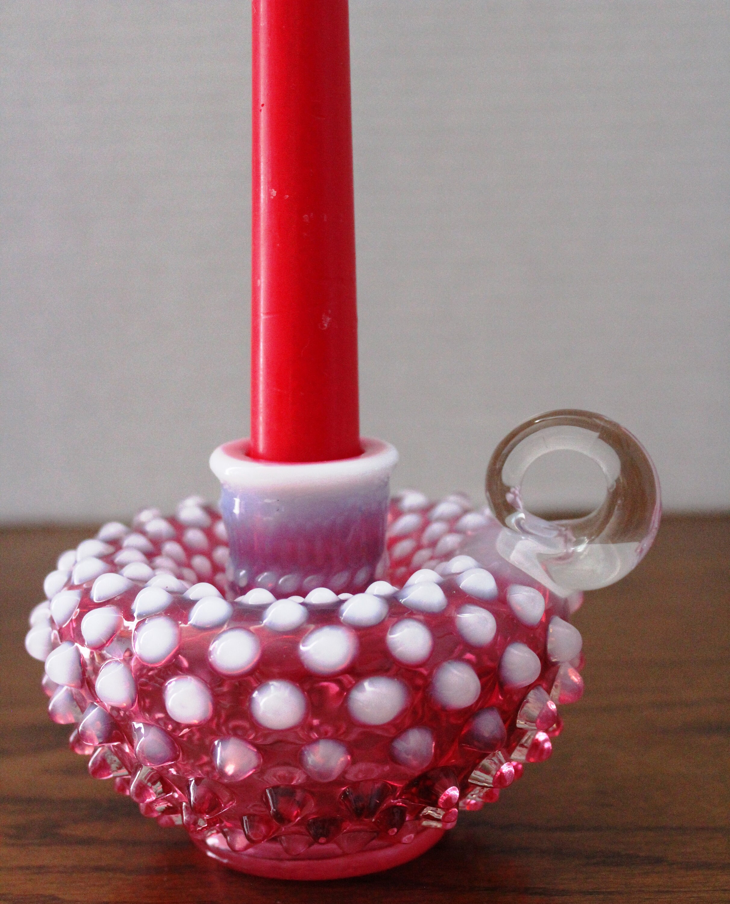 Fenton Cranberry Opalescent Hobnail Handle Candlestick Holder