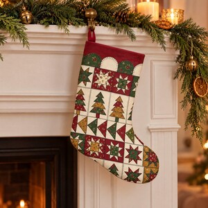 Vintage Patchwork Christmas Stocking, Red Green Cream Folk Stars and Trees, Farmhouse Holiday Decor, Matches Patchwork Tree Skirt