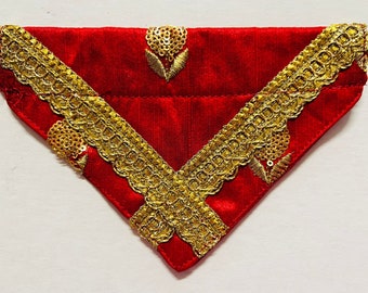 Red Golden Diwali India Wedding Silk Brocade Over Collar SlideOn Pet Dog Bandana Scarf XS