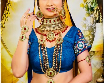 Bridal Jewelry Set-7 pc-Indian Bollywood wedding Green Golden Choker Long Necklace Mathapatti Armband Nose Ring-USA seller