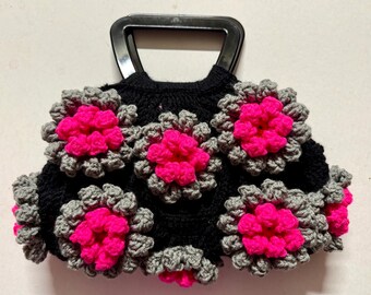 Crochet handmade 3D-Flowers black PINK acrylic handles Purse party Evening Bag