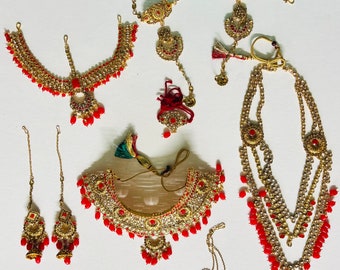 Red Bridal Jewelry Set-9 pc-Indian Bollywood wedding  Golden Choker Long Necklace Mathapatti Armband Nose Ring hathphool-USA seller