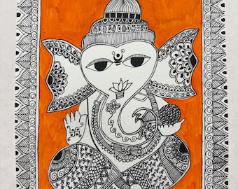 Pintura de Madhubani Ganesh Ganesha Papel artista firmado original 8.5X11" sin marco