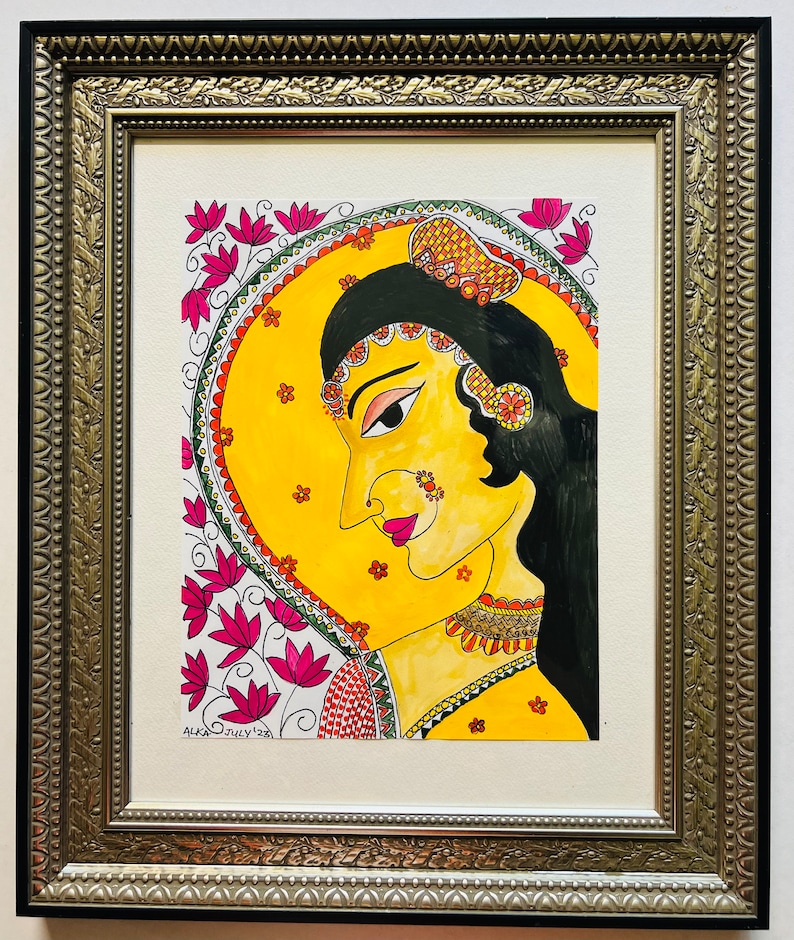 Multicolor - Bride & Groom Handpainted Madhubani Painting by Hira Devi (30 x 22 in) main image 1