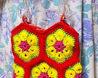 Ganchillo handmade african flowers hexagon green red handles bolso fiesta evening bag EE.UU.