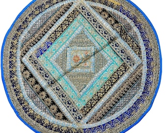 BOHO ethnic wall hanging Table cloth tapestry Throw round patchwork Blue Golden