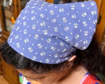 Cottagecore Handmade cotton blue white bandana head scarf elastic Women girls