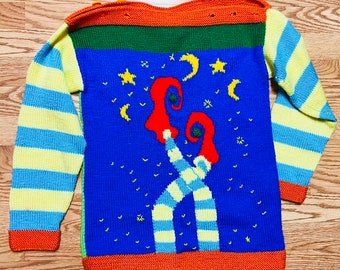 Wizard Retro Funky BRIGHT Unisex pullover Jumper handmade USA knit sweater S/M