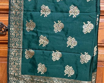 Dark green India BANARSI Art Silk Dupatta Wrap Scarf Stole Chunri shawl musical