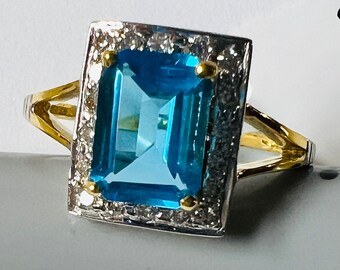 Natural DIAMONDS blue Topaz 0.25 14kt Solid Yellow Gold Ring Size 6 NEW