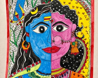 ARDHANARISHWAR Ardhnareshwar Shiva Parvati Ganga papel Madhubani pintura firmada