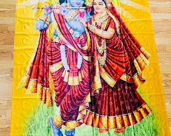 Radha Krishna Isckon wall hanging/curtain/photo backdrop/Panel Hindu tapestry fabric polyester 4x9 feet