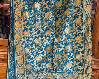 Teal golden jacquard India Banarsi Art Silk Dupatta Wrap Scarf Stole Chunri shawl
