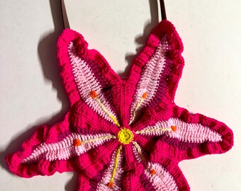 Viral trendy HOT pink LILY tote Handmade Crochet Clutch Purse bag SHOULDER/ lined