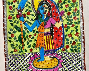 ARDHANARISHWAR Ardhnareshwar Shiva Parvati Ganga papel Madhubani pintura firmada