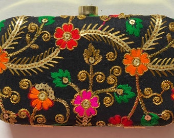 Black red/pink floral golden silk box clutch Purse Hard Case Cocktail Evening Bag Crystals
