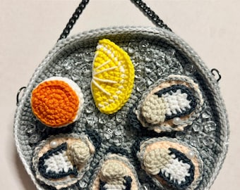 Oyster Bag plate SEAFOOD KnottedNeon Handmade Crochet Clutch Purse bag Wristlet