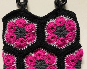 Crochet handmade African flowers Black pink handles Purse party Evening Bag USA