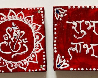 Ganesh SHUBH LABH Mini Acrylic Painting Canvas Original Aum on hindu yoga decor 4”