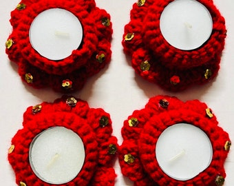 Christmas red Diwali crochet tea light candle holder Lot 4 sequin diya wedding