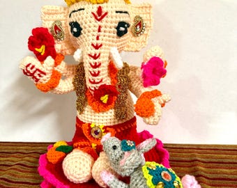Ganesh Ganesha Ganapati Estatua del Dios Hindú crochet hecho a mano Nuevo Amigurumi con estatuilla musika