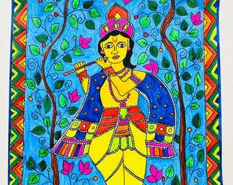 Pintura de Madhubani de Krishna Gopal, firmada por el artista, original, 8,5 x 11 pulgadas, sin marco.