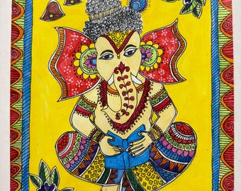 Pintura de Madhubani Ganesh Ganesha Papel artista firmado original 8.5X11" sin marco
