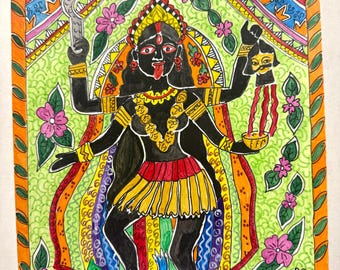 MAA KALI DURGA Madhubani painting Paper artist signed original 8.5X 11" unframed