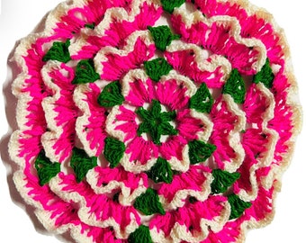 Hot Pink Crochet Doily Table candle Mat Thalposh centerpiece runner Handmade mandala