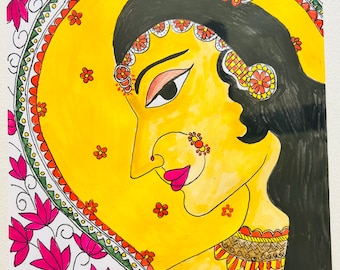 Madhubani Bharani Bride India Painting Framed Folk Art Woman Garden Original