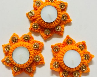 Christmas Orange Diwali crochet tealight candle holder Lot 3 golden diya wedding