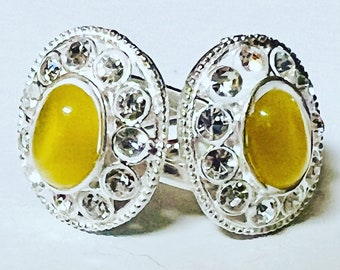 Yellow beige stone Crystals 925 Solid Sterling Silver Toe Ring Pair India Bichiya bichua Adjustable